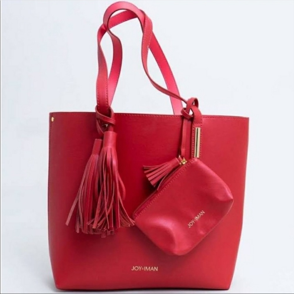 NEW Joy & Iman Red Tote Bag and Wristlet Vegan Leather Matte Classic